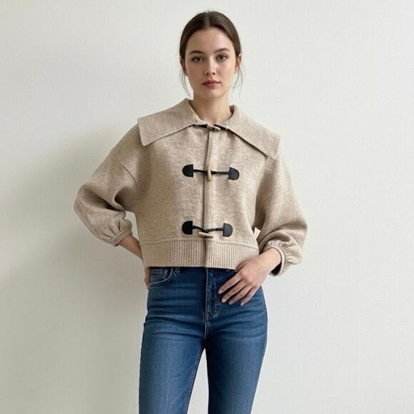 Robbi & Nikki Wool Blend Tan Cropped Toggle Sweater Jacket Balloon Sleeves XS - Picture 1 of 11